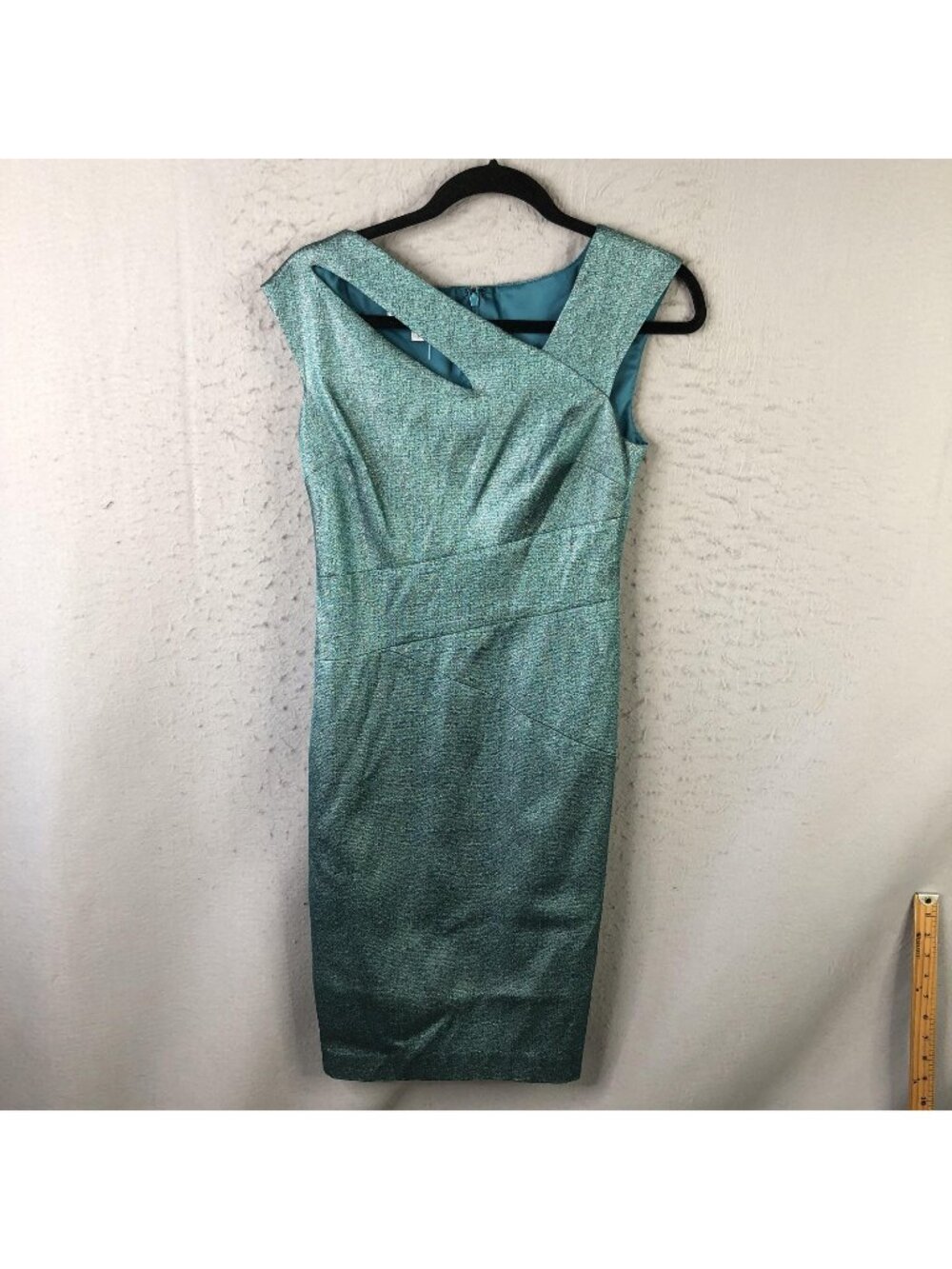Kay Unger New York Dress Womens 6 Green Metallic Jacquard Sheath Party Cocktail
